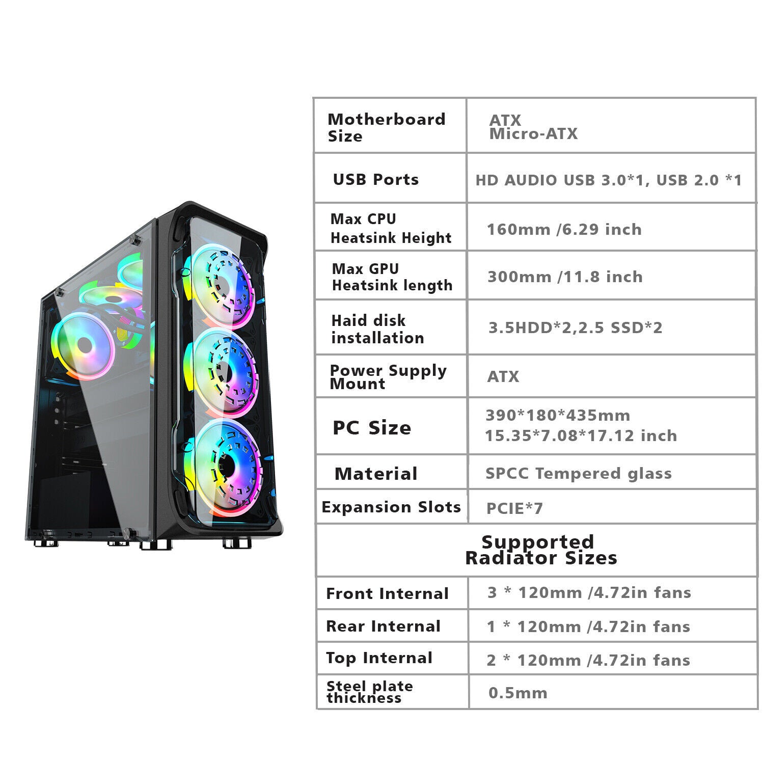 Starship ATX/M-ATX/ITX Gaming PC Desktop Computer Case Black with Side Tempered Glass Panels with 6 Fan Support Starship ATX/M-ATX/ITX Gaming PC Desktop Computer Case Black with Side Tempered Glass Panels with 6 Fan Support